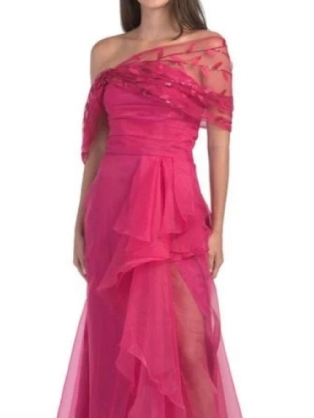 NWT Rene Ruiz Collection Organza & Tulle Off-The-Shoulder Magenta Gown. Size 6